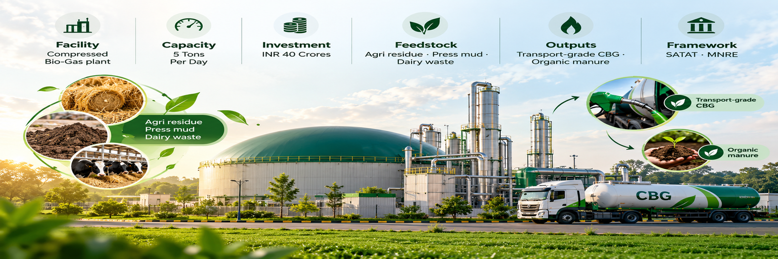 5 TPD CBG facility with a green digester dome, purification towers and a CBG tanker, showing feedstock inputs (agri residue, press mud, dairy waste), outputs (transport-grade CBG, organic manure) and project facts: 5 tons per day, INR 40 crores, SATAT and MNRE framework