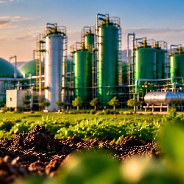 CBG plant towers and storage vessels at sunrise