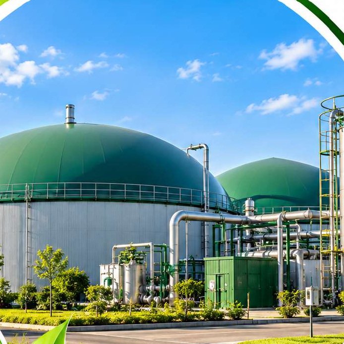 Green-domed anaerobic digester tanks